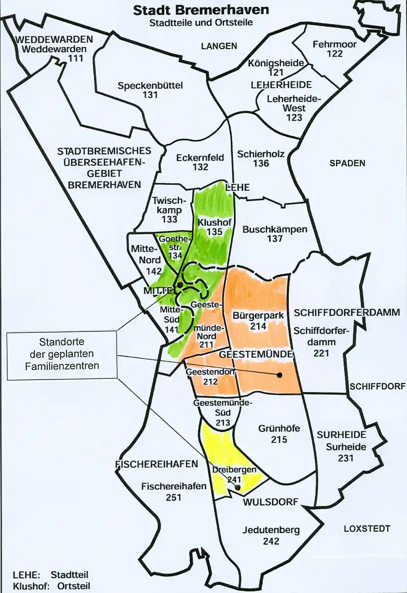 Standorte der geplanten Familienzentren in Bremerhaven