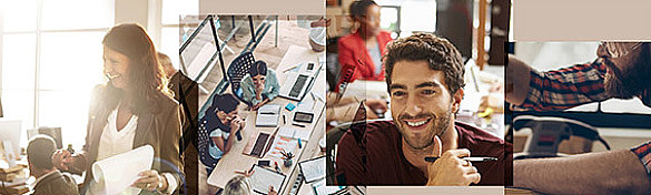 Das Bild zeigt junge Menschen in Arbeitssituationen im  Büro