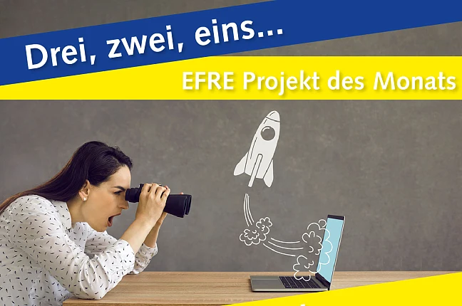 Frau mit Labtop aus den eine Rakete fliegt