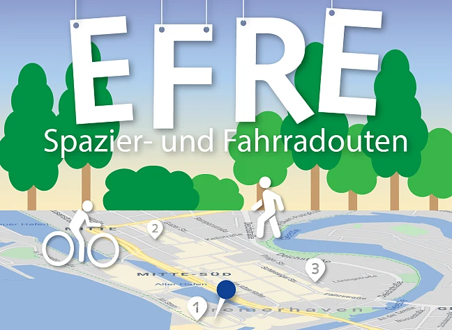 Illustration einer Karte mit Markern und Titel EFRE Routen