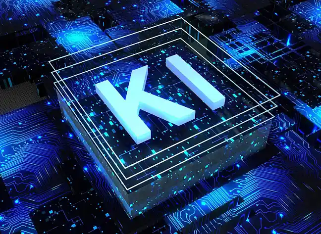 Schriftzug KI auf Datennetz