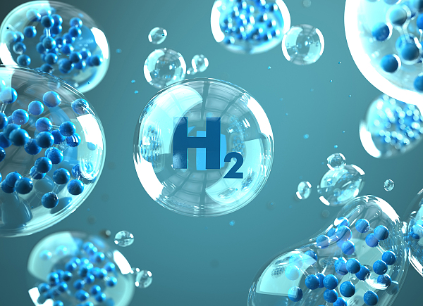 H2-Molekül in den Blasen in der Flüssigkeit. 3D-Abbildung.