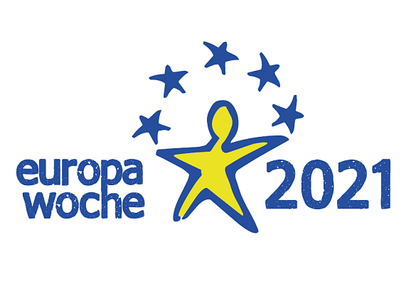 Logo der Europawoche 2021 der europäischen Kommission. Sternenmänchen und Titel Europawoche 2021