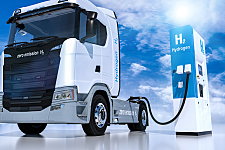 Wasserstofflogo auf Tankstellen Brennstoffspender. h2 Verbrennungsmotor für emissionsfreien, umweltfreundlichen Verkehr. 3D-Darstellung